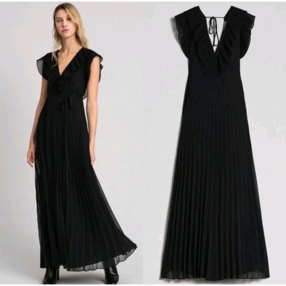 If By Sea Anthropologie Black Pleated Low Back Ruffle Plunge Chiffon Dress Sz L